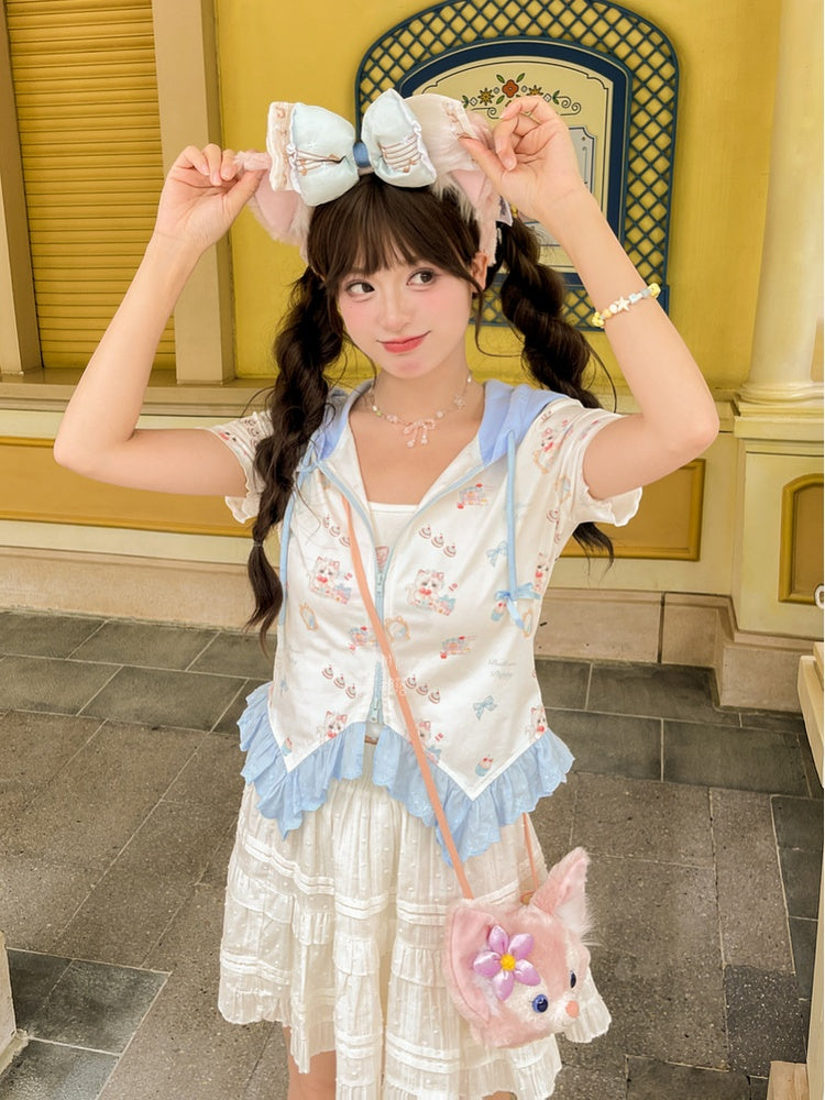 ジップアップフード付きキュートなキティプリントカーブヘムレースブルートリムTシャツ