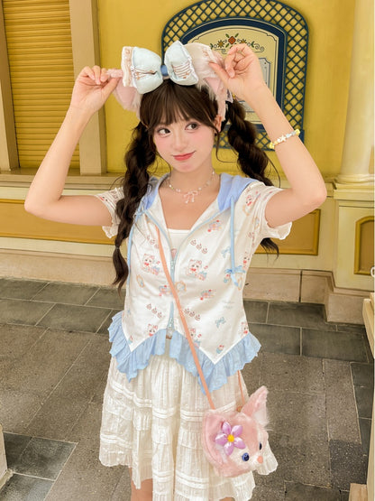 ジップアップフード付きキュートなキティプリントカーブヘムレースブルートリムTシャツ