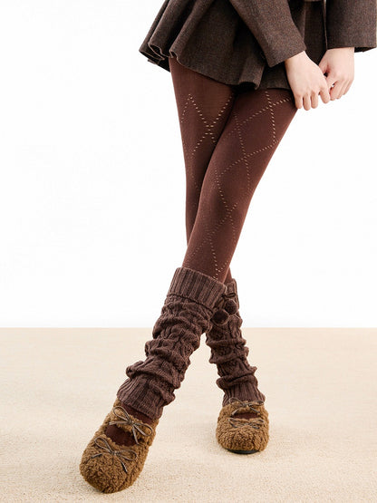 Knit with 5-Color Leg Warmers Detail Cable Bow Pom-Pom