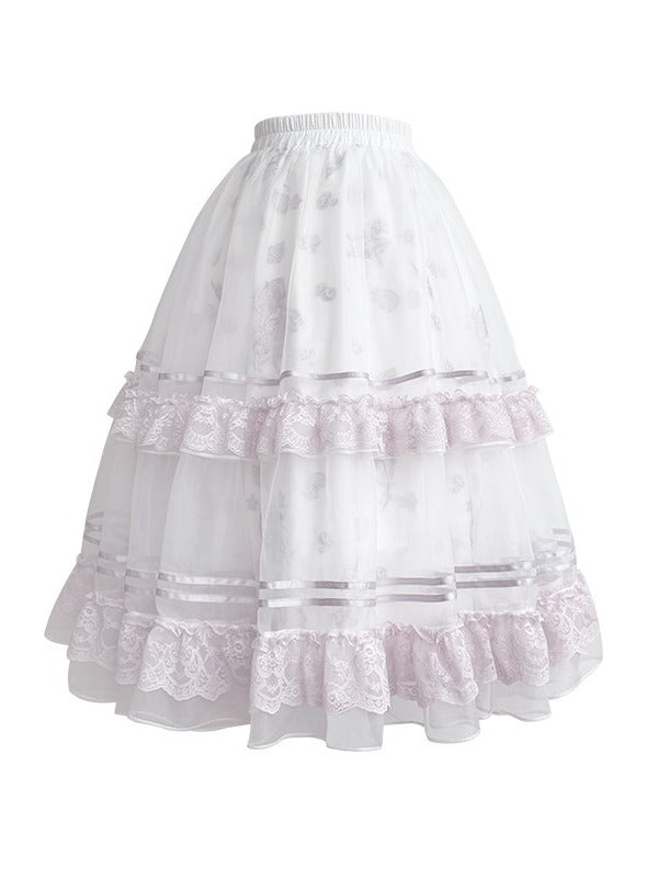 Summer Lolita Top & Skirt Set with Floral Embroidery and Lace - Yimu Walnut