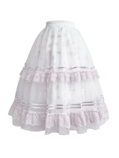 Summer Lolita Top & Skirt Set with Floral Embroidery and Lace - Yimu Walnut