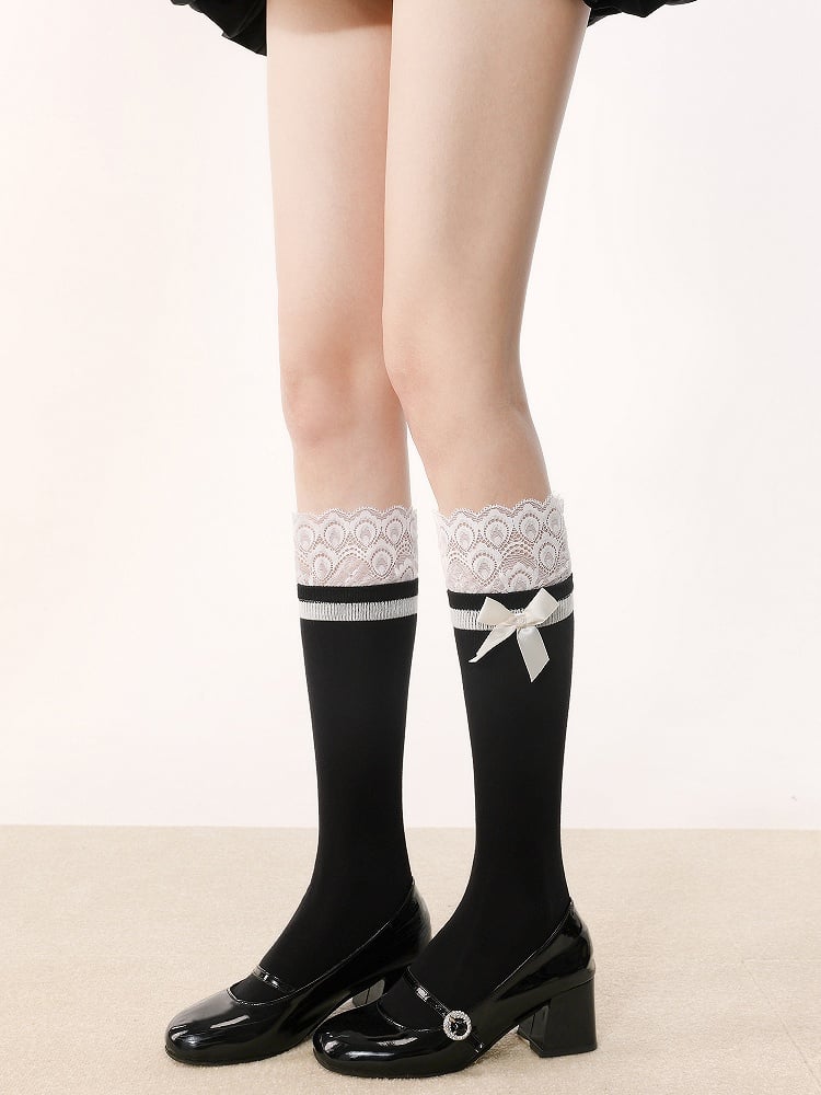 Gray Calf Bow Black/White/Dark Accent Socks Trim Lace