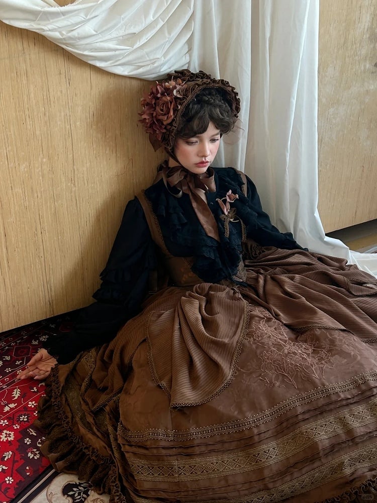 Lolita Brown Bust with Under Waist Embroidery Dress Detail Gothic Boned