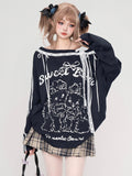 Navy Blue Cartoon Print Lace Accents Asymmetrical Neckline Top