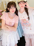 Pink/White Girl Print Lace Trim T-Shirt Cute Round Neck