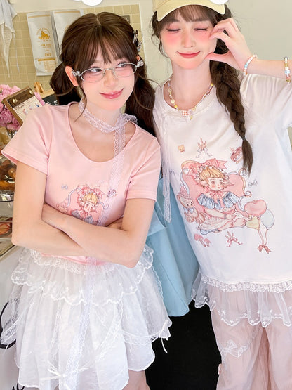 Pink/White Girl Print Lace Trim T-Shirt Cute Round Neck