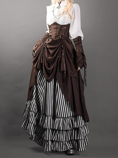 Black and White Striped Tiered Hemlline Steampunk Lolita Skirt