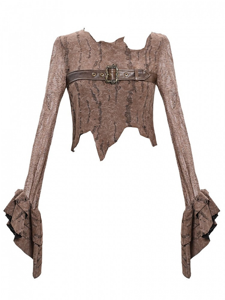 Sleeve Neckline Top Hem Crop Coffee Distressed Punk Asymmetric with Ruffled