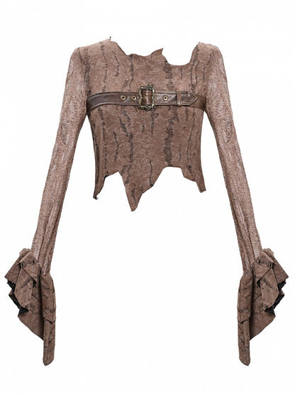 Sleeve Neckline Top Hem Crop Coffee Distressed Punk Asymmetric with Ruffled