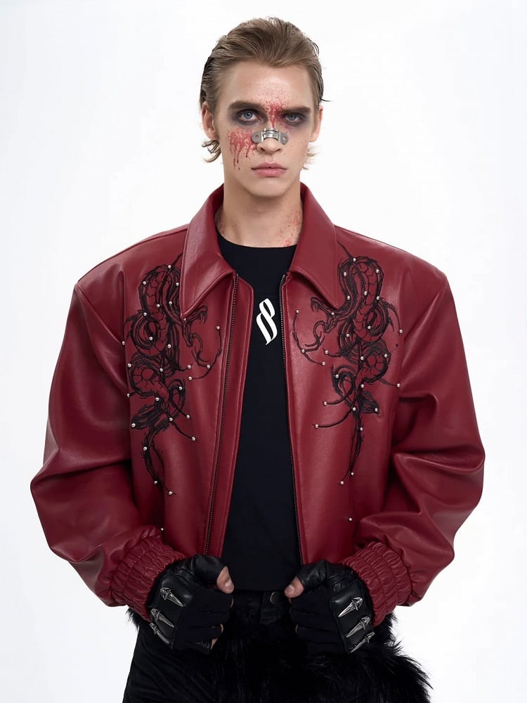 Jacket Red for Men Studded Details with in Punk PU