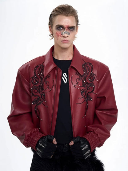 Jacket Red for Men Studded Details with in Punk PU