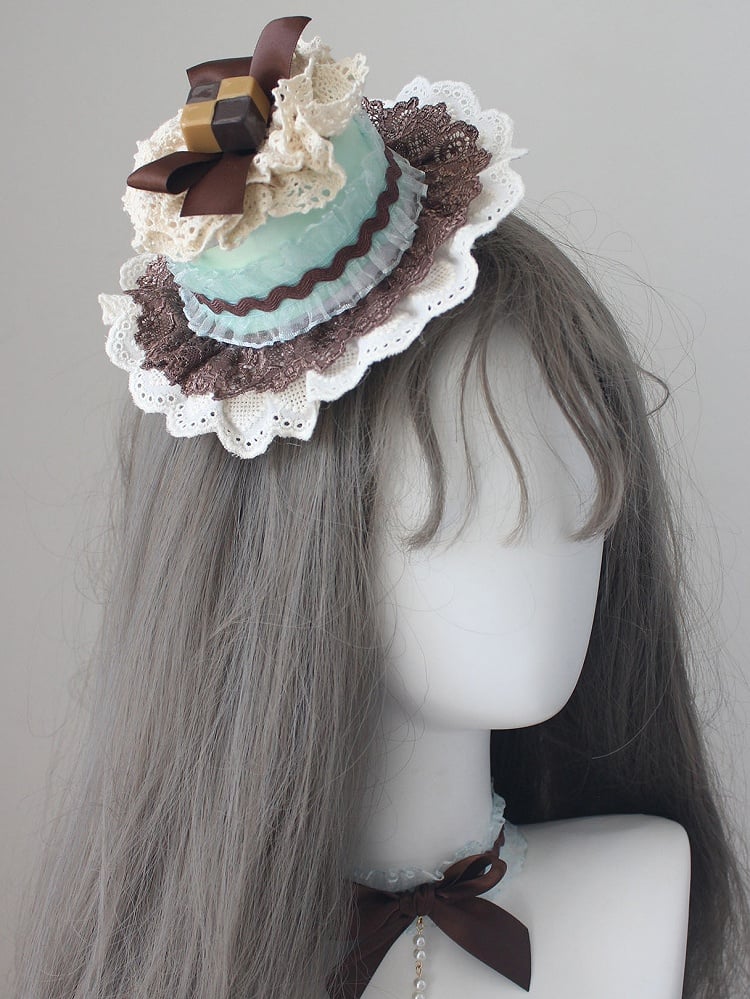 GreenBrown Cake Hat Decorated Bowknot Mini Trim Chocolate Lace