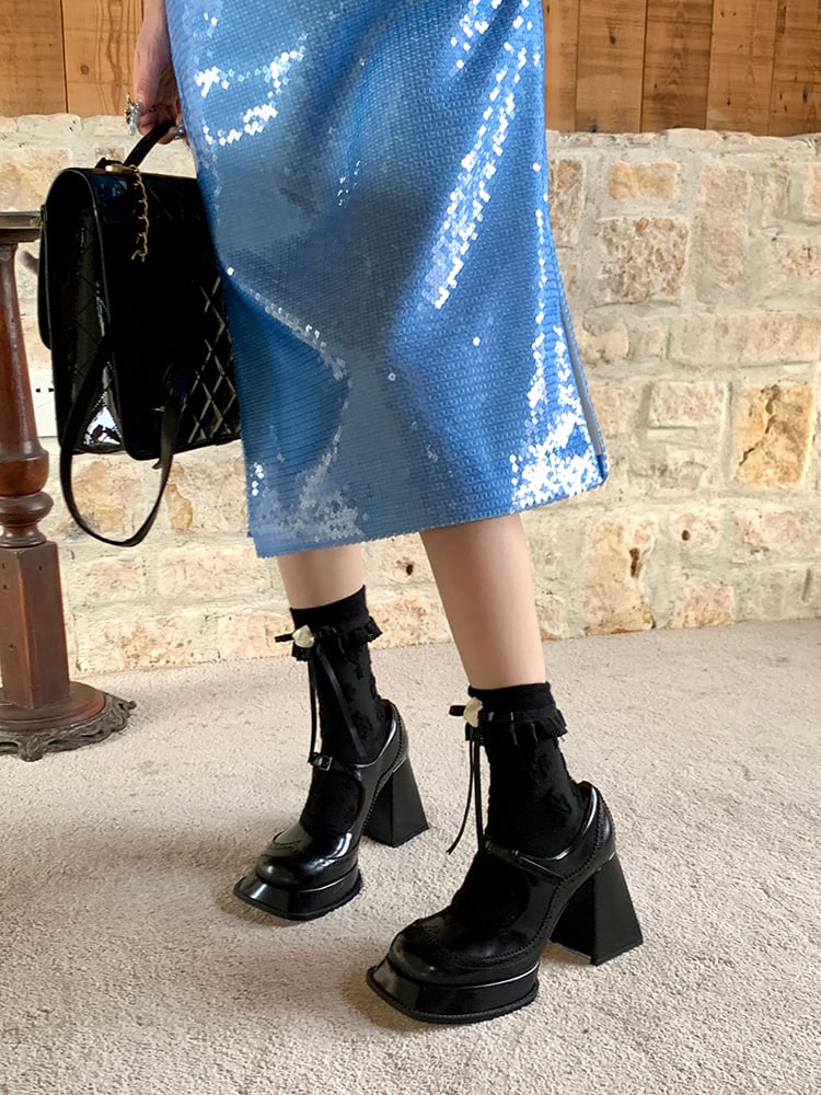 Trim Decoration White/Black Bowknot Lace Calf with Camellia Socks