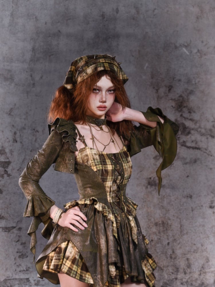 Green Plaid Handkerchief Hem Cami Dress with Lace-up Detail at Front