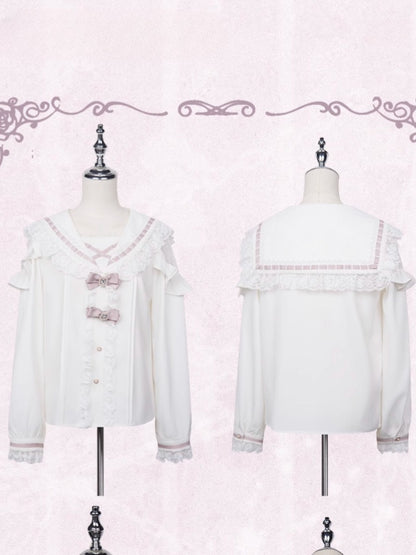Pink White Rhinestones Bowknots Blouse Jirai Kei Sailor Collar Ruffled Lace Trim