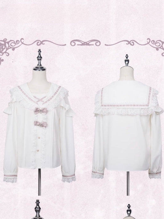 Pink White Rhinestones Bowknots Blouse Jirai Kei Sailor Collar Ruffled Lace Trim