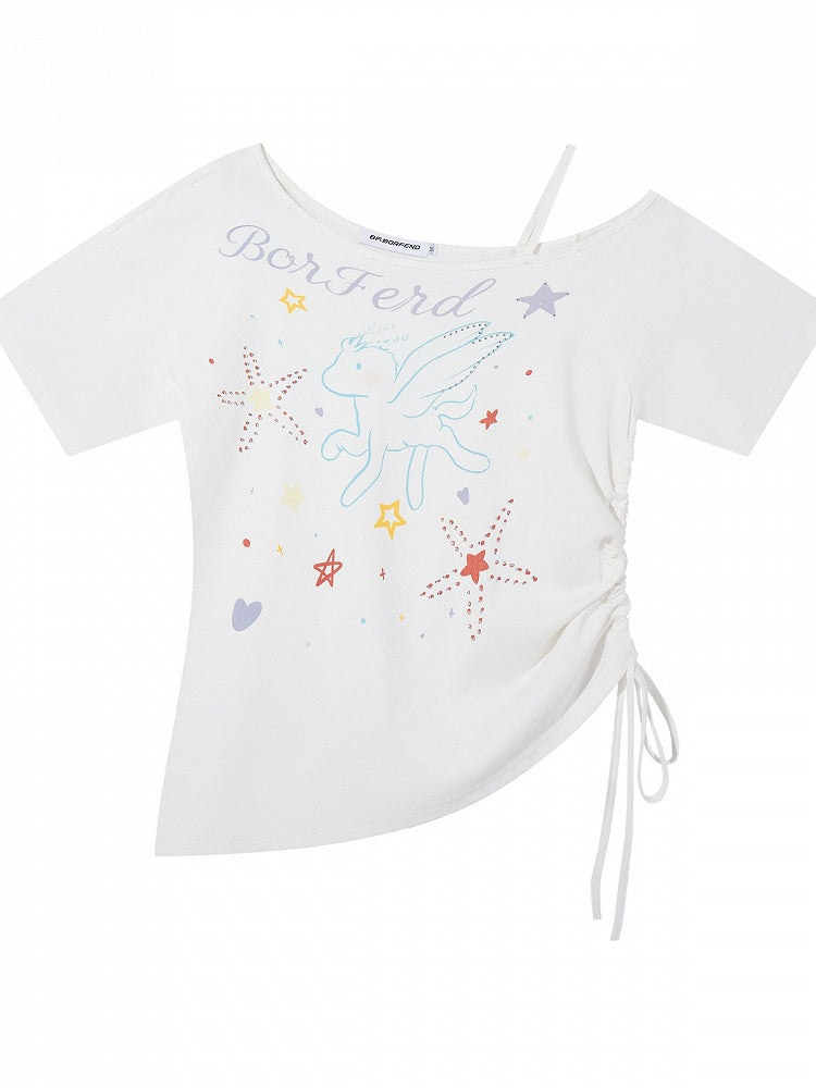 White Pegasus Print Asymmetric Shoulder T-Shirt with Rhinestone Details - Languid Park