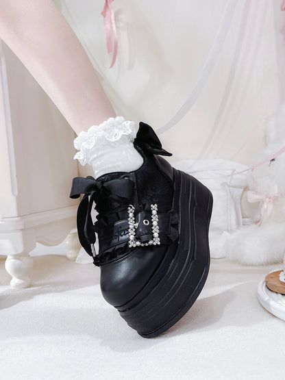 Jirai Accents Kei Shoes Black Bow Buckle Design Beaded Platforms