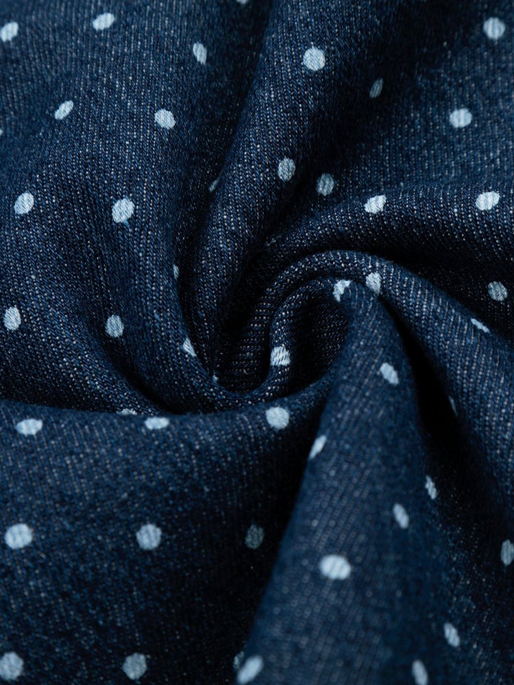 Dark Blue Wide Leg Denim Shorts with Polka Dot Pattern - Languid Park