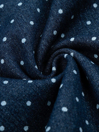 Dark Blue Wide Leg Denim Shorts with Polka Dot Pattern - Languid Park