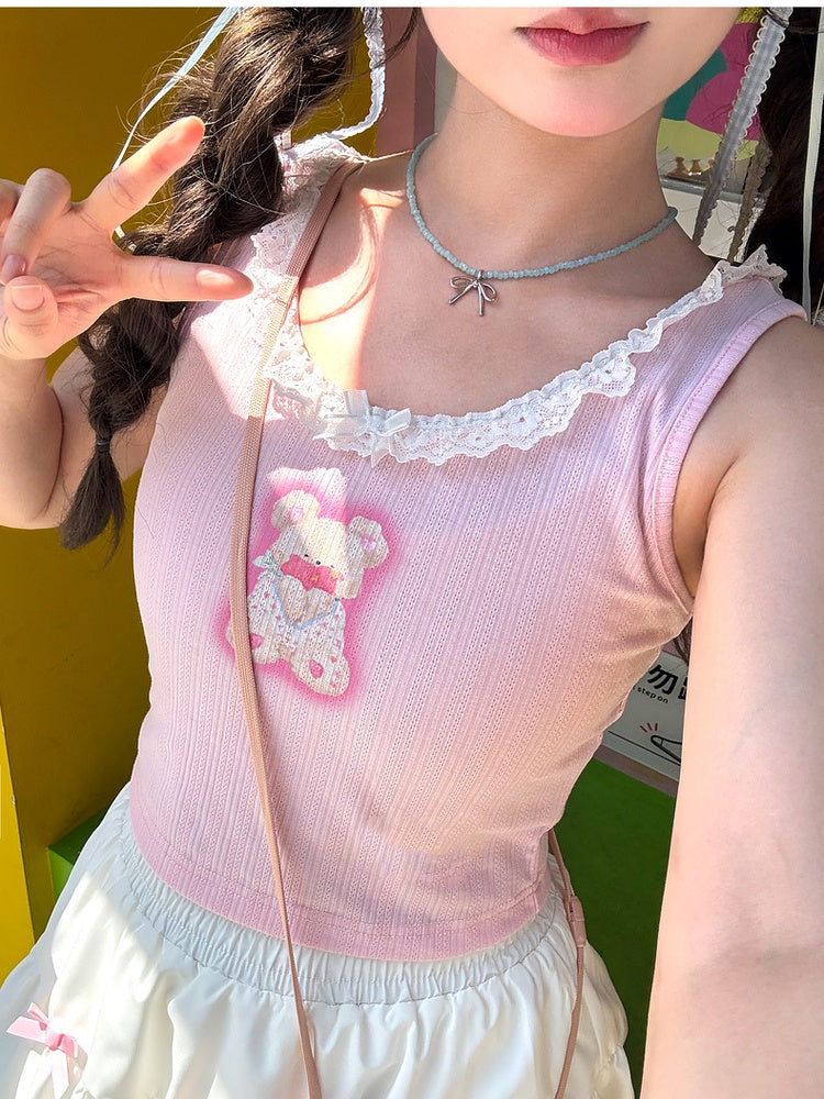 Pink Teddy Bear Print Lace Trim Neckline Sweet Tank Top