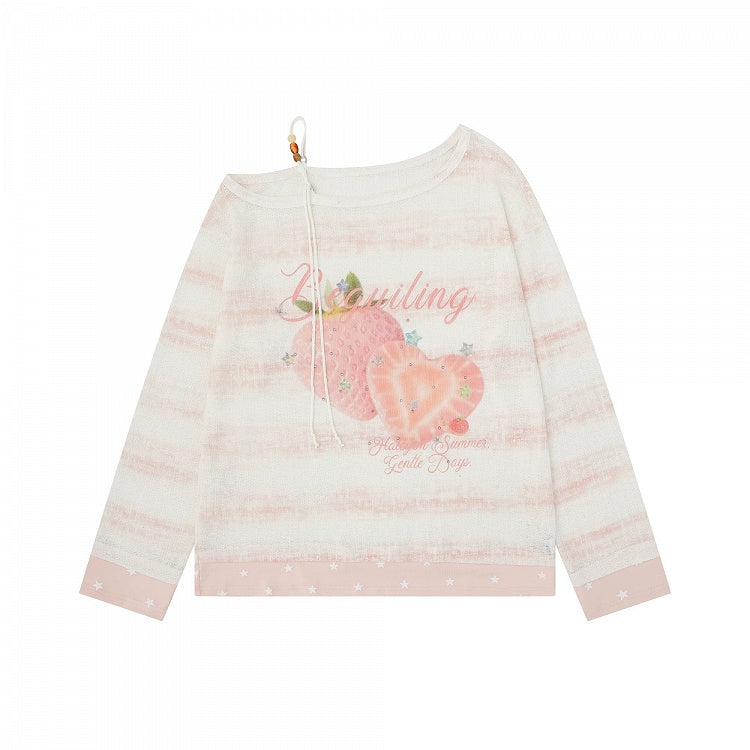 Pink Off Shoulder Long Sleeve Top with Strawberry Print & Rhinestone Details - Languid Park
