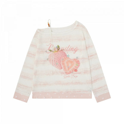 Pink Off Shoulder Long Sleeve Top with Strawberry Print & Rhinestone Details - Languid Park