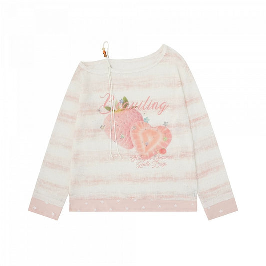 Pink Off Shoulder Long Sleeve Top with Strawberry Print & Rhinestone Details - Languid Park
