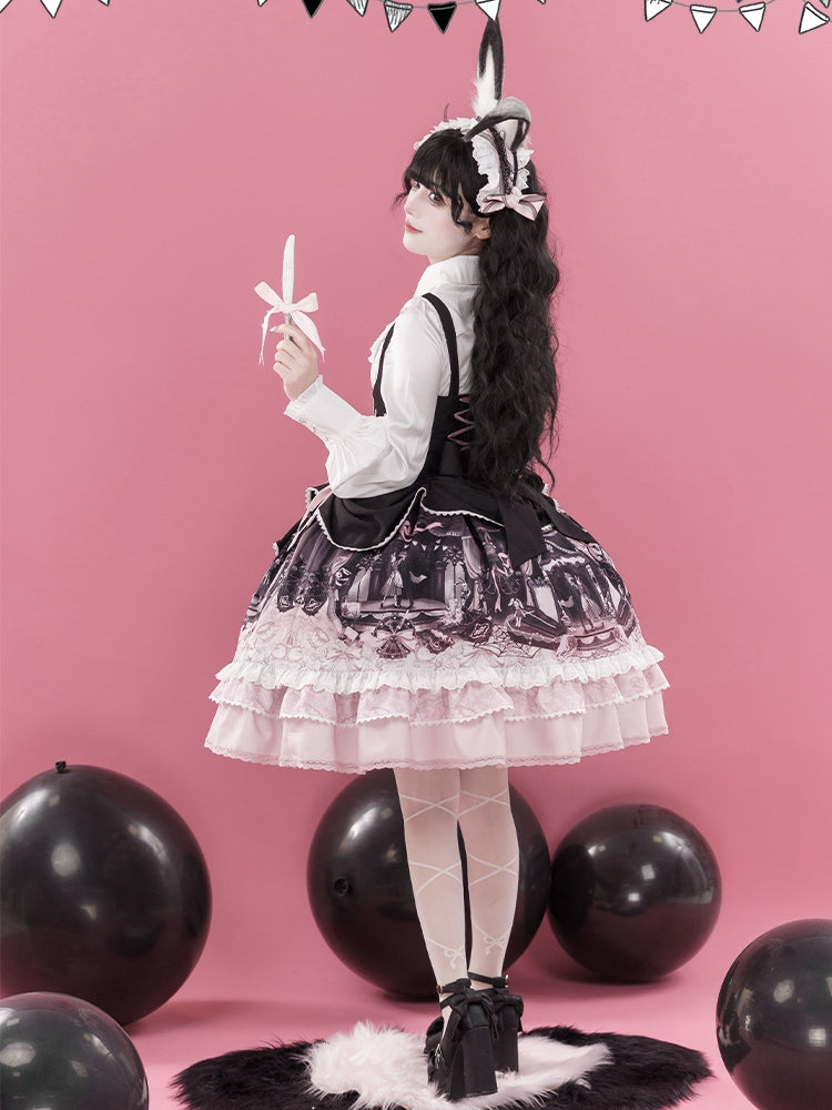 Süßes Lolita-Kleid mit Hasen- und Sargmotiv in Schwarz und Rosa