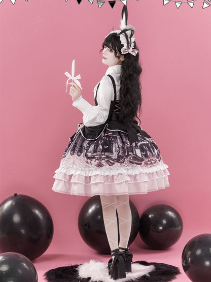 Süßes Lolita-Kleid mit Hasen- und Sargmotiv in Schwarz und Rosa