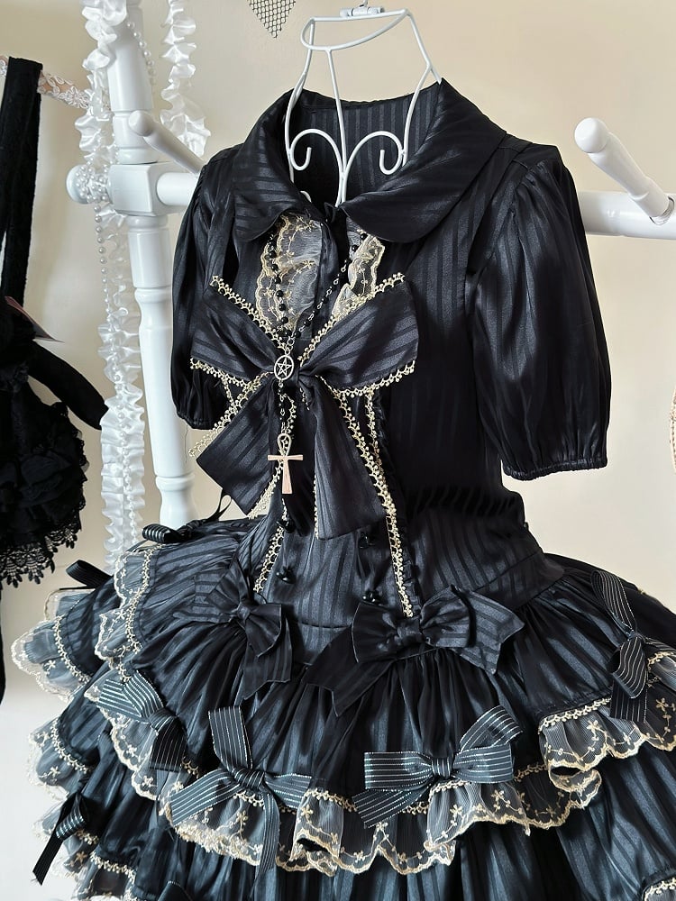 und Schleife Lolita Schwarze Akzente Gestreiftes Idol Stoff Goldkleid