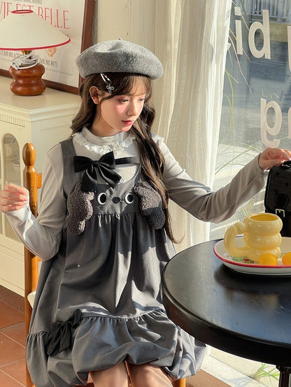 Design Bowknot Dress Bubble Skirt Accents Sleeveless Gray Plush Puppy Ears