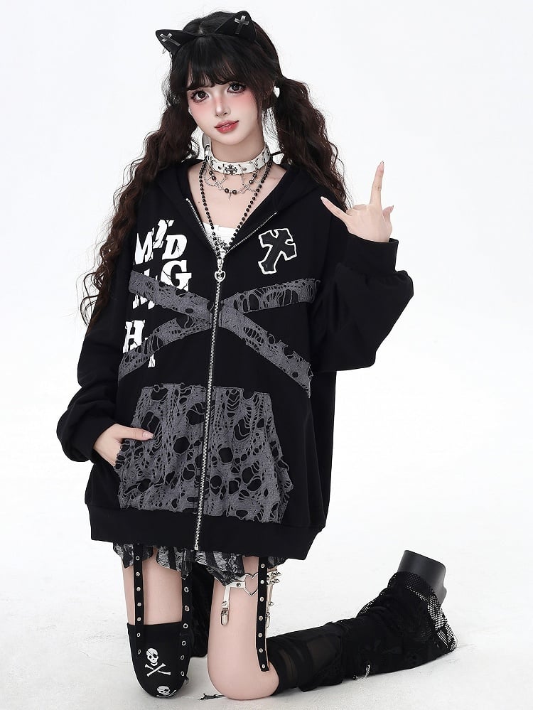 Kitten-Themed Hoodie Patches Jacket Bittersweet - Cross