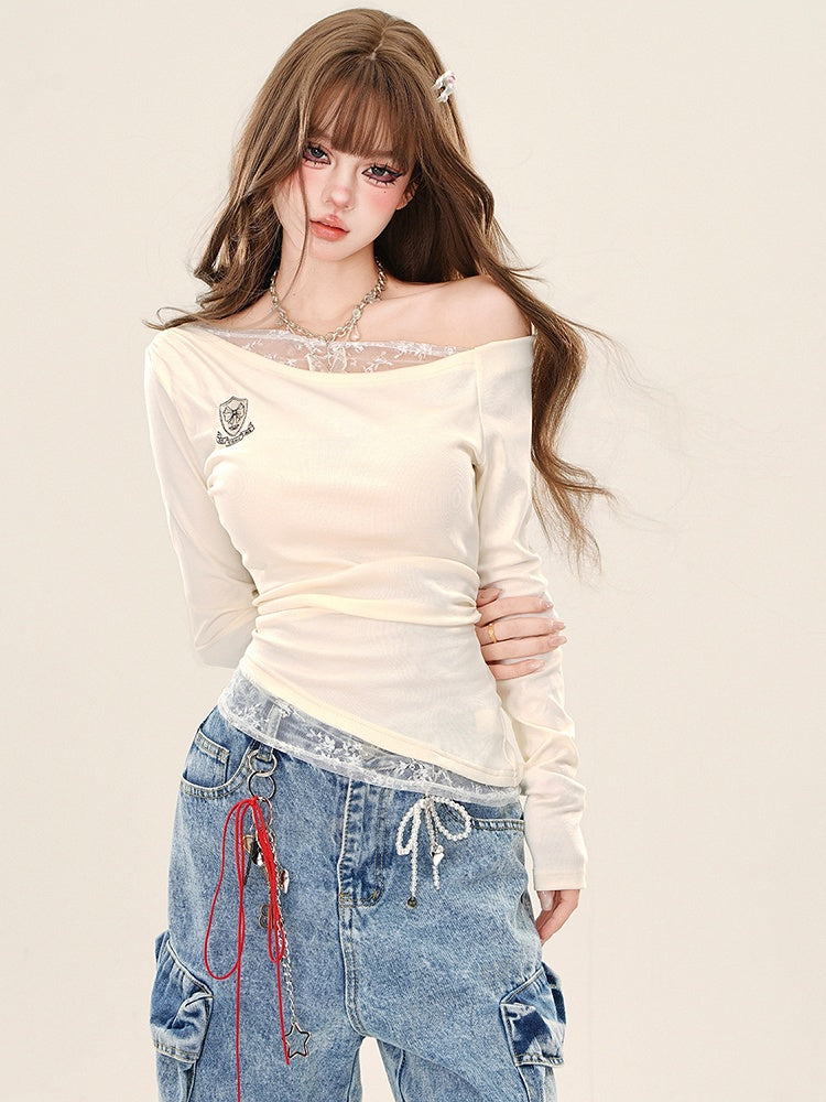 Aprikose/königsblaues, schmal geschnittenes Oberteil mit Spitzenakzenten und asymmetrischem Ausschnitt