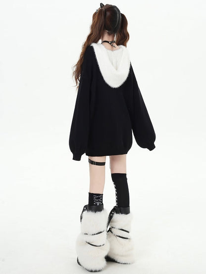 Black Letters Pattern Hooded V-neck Loose Sweater