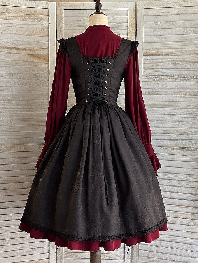 Drawstring Gothic with Dress Straps Shoulder Lace-Trimmed Waist Cross Black Embroidery Basque Lolita JSK and
