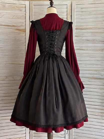 Drawstring Gothic with Dress Straps Shoulder Lace-Trimmed Waist Cross Black Embroidery Basque Lolita JSK and