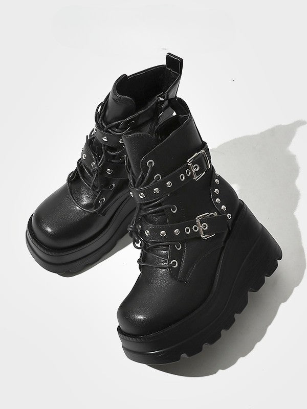 Triple Style Platform - Studs with Black Details Punk System Boots Fastening in