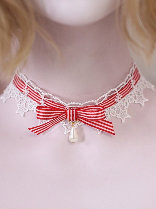 Red Pink Lace Star Striped Bowknot Choker Burgundy Lolita Cute Light /