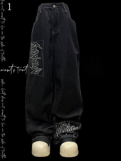 ダークカットアップリケレタージーンズブルーストレートレッグ