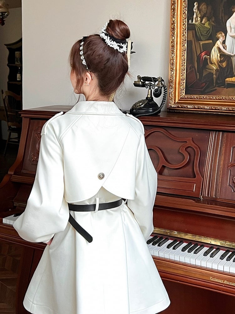 Apricot V-Neck Bow Design Coat with Belt Set - Qchiwawameme