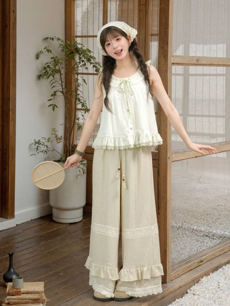 Tanktop mit Ausschnitt, zum Selbstbinden, flatternde Ärmel, gestuft am Träger, grün mit Rüschen, Cutton