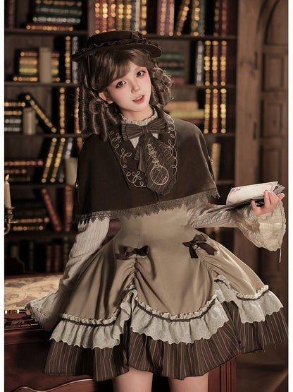 Brown Striped Faux-Layered Lolita Dress Set with Drawstring, Cape, Jabot & Mini Hat - With PUJI