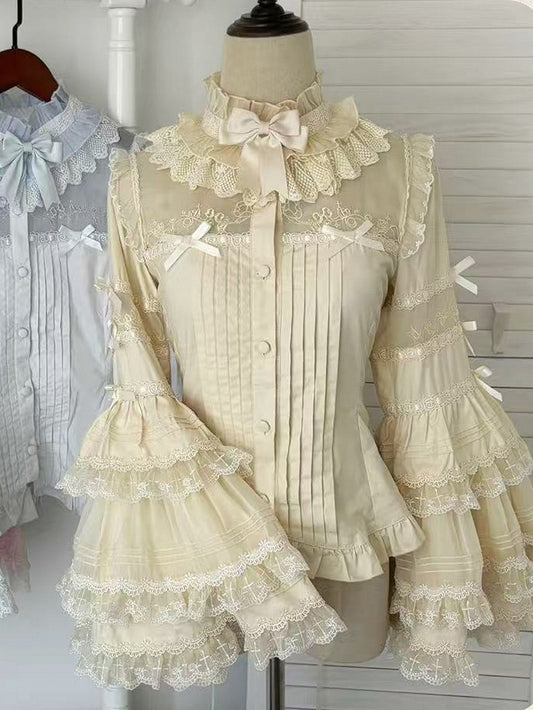 Layered Beige Blouse Ruffle Sleeves Neckline Bell