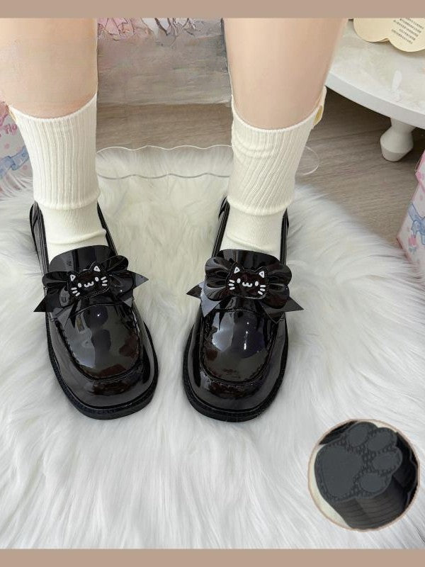 PU with Mid-heel Detachable JK Bow Kitty Shoes Accent Design Black