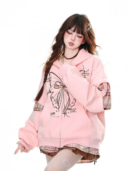 Rosa karierter Patches Schmetterling Reißverschluss Lockerer Hoodie