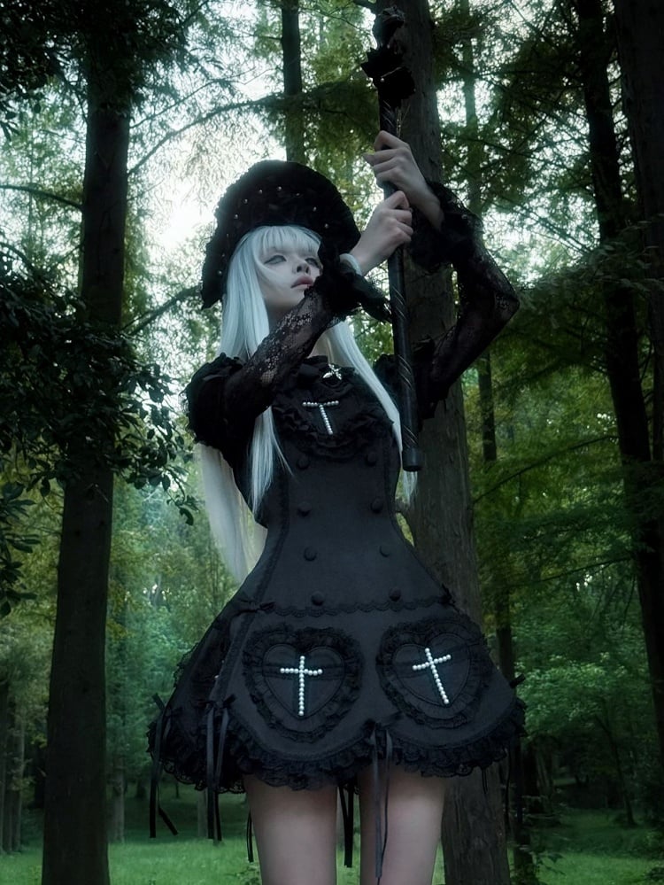 Details Cross and Lace Decoration Lolita Dress Black Gothic with Beaded