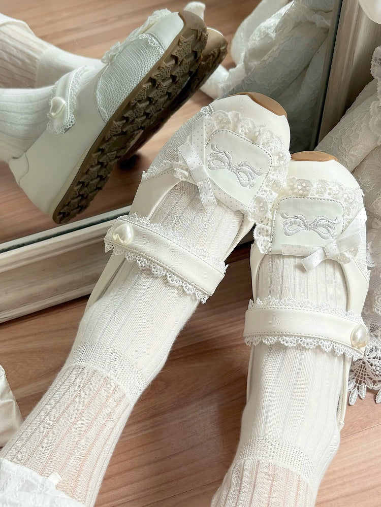 Heart-Adorned Bow Velcro Trim Sweet - Details Flat Lolita Lace Straps White Shoes