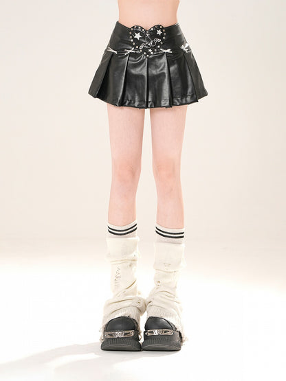 Pink/Black Studded Heart PU Pleated Skirt