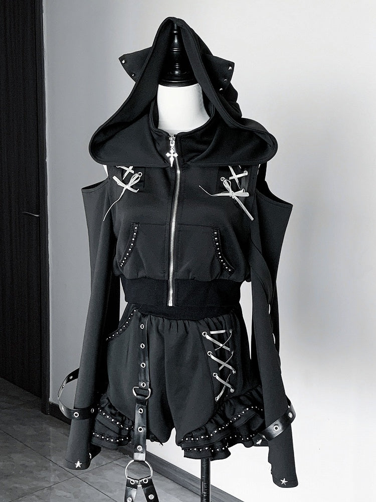 Matte Gothic Jirai-kei Black 2-Piece Set Cat Ear Hooded Cutout Shoulder Top + Shorts with Leg Garter - Bug Starting